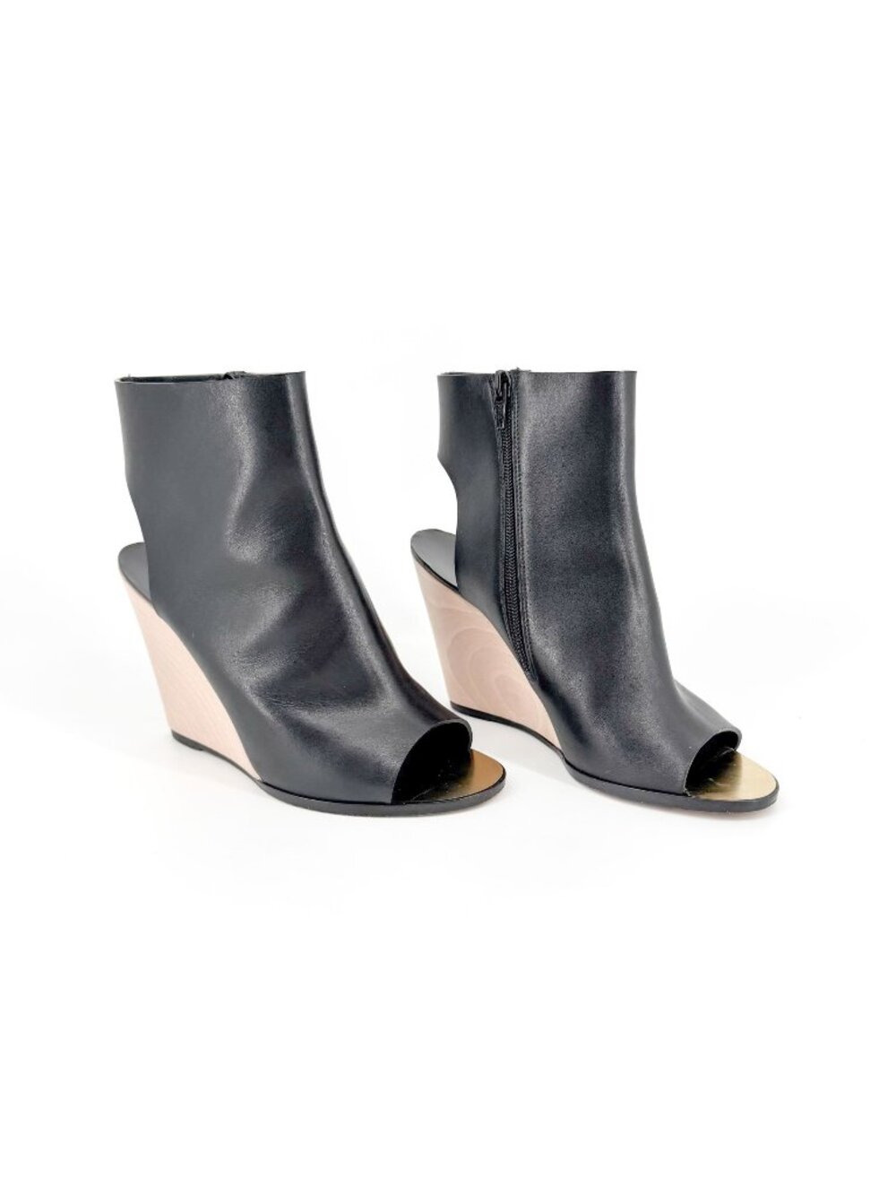 Chanel Black Leather Peep Toe CC Wedge Heel Ankle Booties Shoes Size 39 US 8–8.5